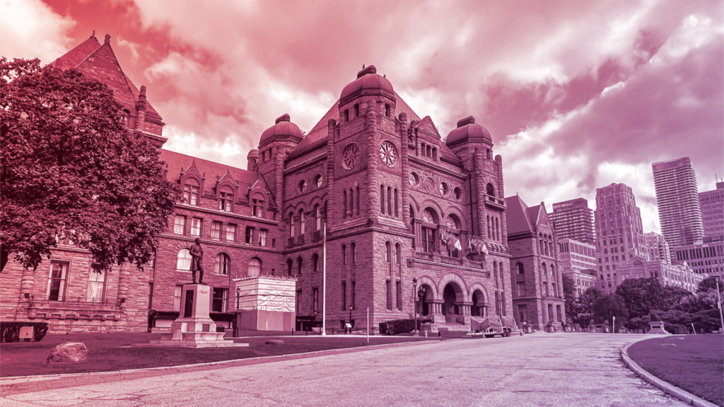 Side view of Queen's Park with a purple and red overlay.